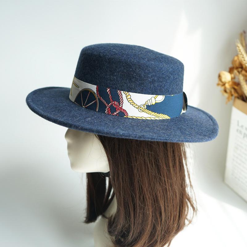 French Retro Japanese Simple Temperament Mixed Blue Flat Top Top Hat Men'S And Women'S Autumn And Winter Wool Felt Hat British Tide
