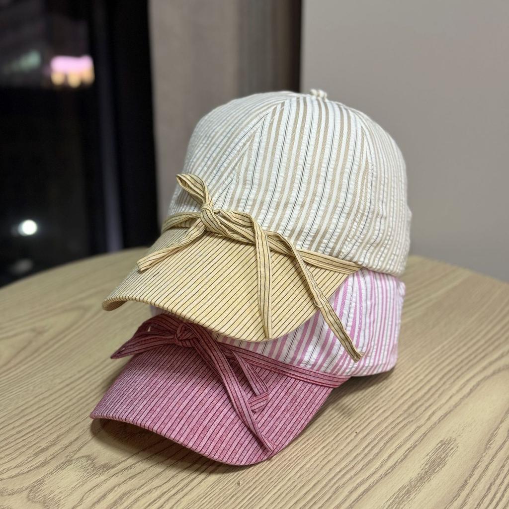 Casual, simple, and stylish bowknot soft-top baseball cap with stripes, versatile for large head sizes and round faces, sun-shading and