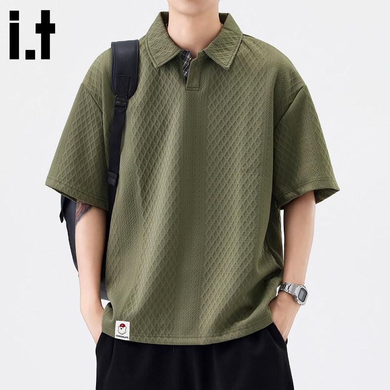 :CHOCOOLATEit Men s American Retro Textured Loose Fit Short Sleeve Polo Shirt M