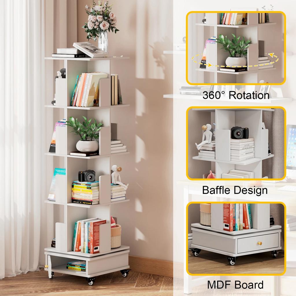Wooden Four-layer Rotatable Mobile Bookshelf With One Drawer Book Storage Rack With Locking Wheels For Living Room/Bedroom/Study