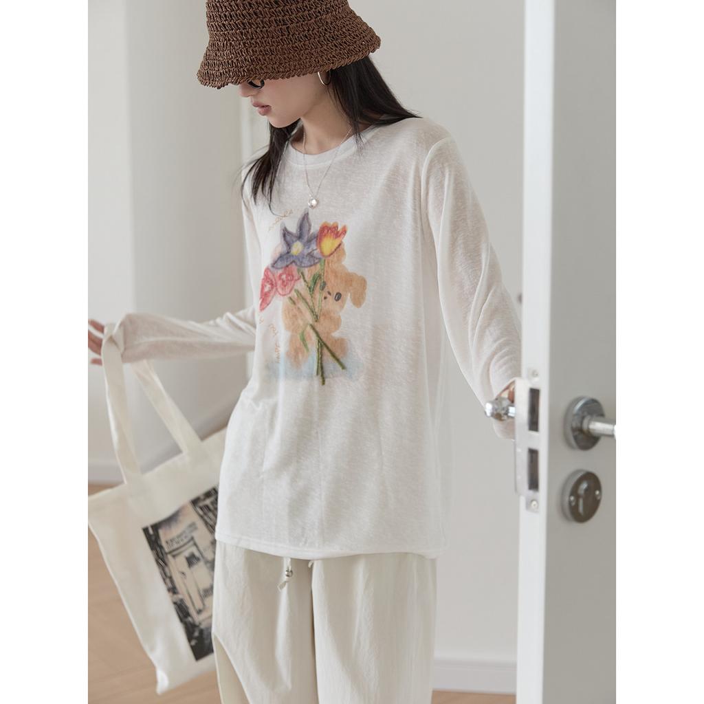 Retro printed Tencel sunscreen shirt women's summer light and slightly transparent long-sleeved T-shirt lazy loose air conditioner blouse white