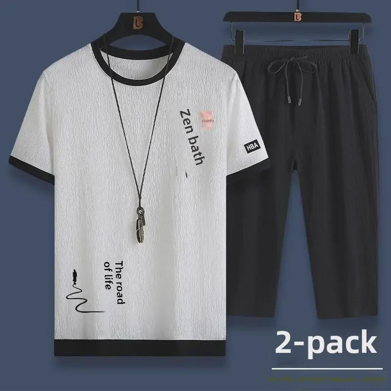 Men's Summer Casual Sports Set: Ice Silk Short-Sleeve T-Shirt & Shorts Two-Piece