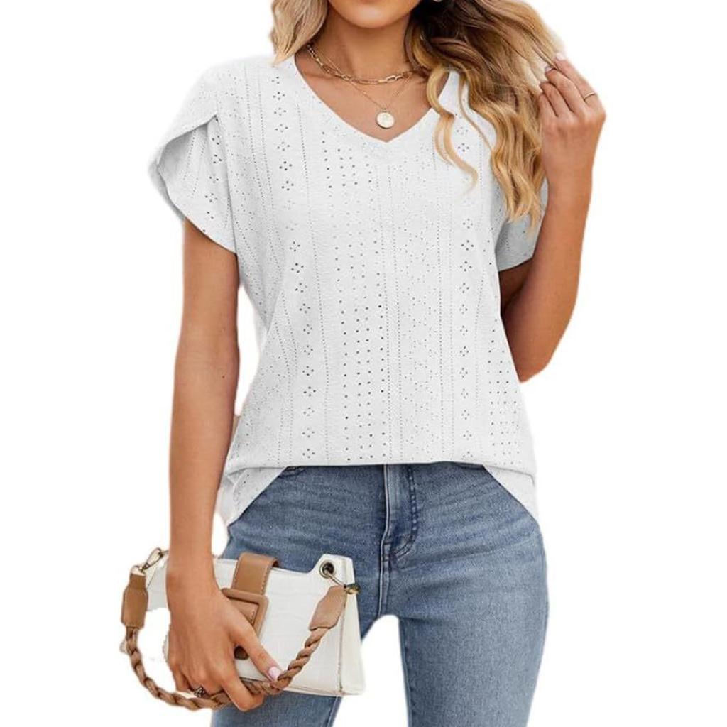 Women's Casual Fashion V,neck Color Hollow Short,sleeved T,shirt Top