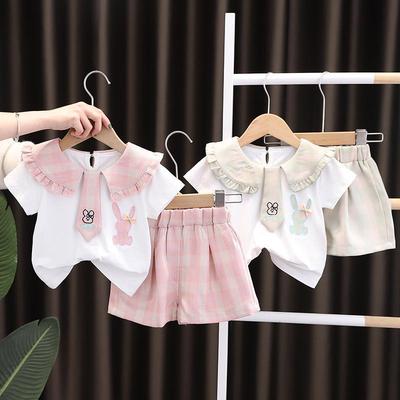 Sommerlicher Spitzenkragen im koreanischen Stil, Cartoon-Krawatte, Shorts-Set für Mädchen (0-5 Jahre)