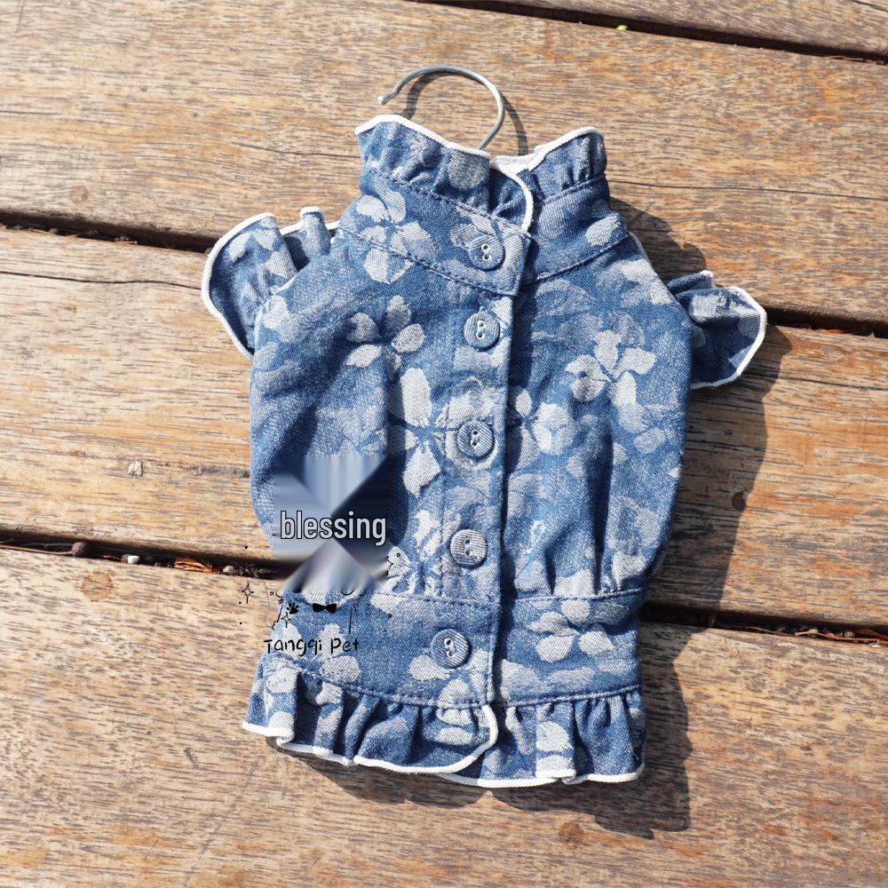 

Синяя джинсовая рубашка для собаки с цветочным принтом и рукавами-буфами 3XS