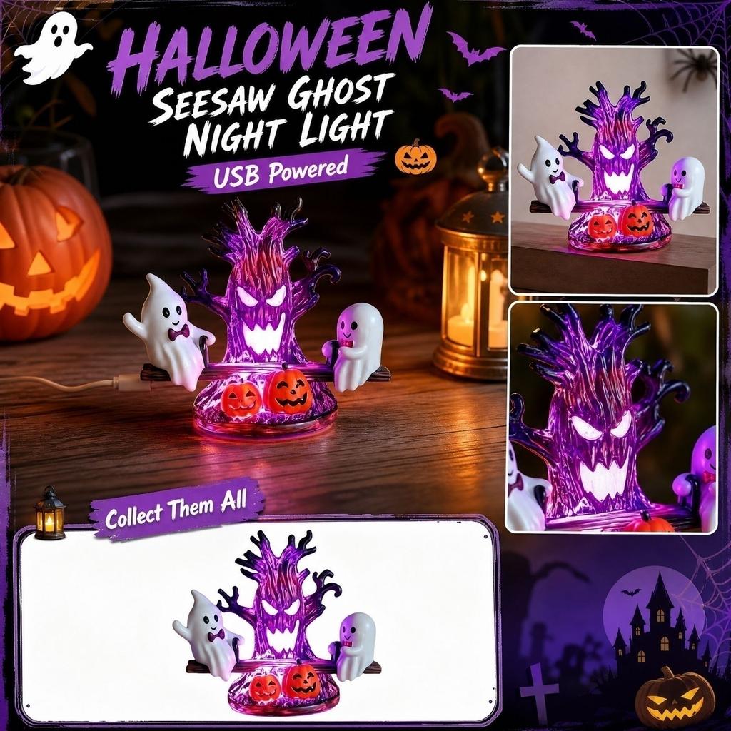 Halloween Seesaw Night Light, Colorful Glowing Resin Tree Pumpkin Decor for Bedroom Desk Fall Decoration