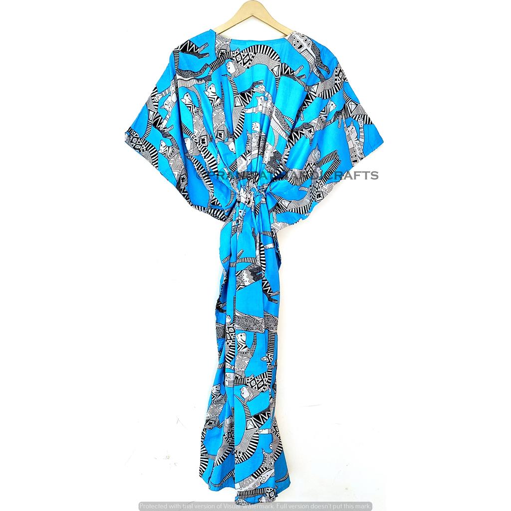 Women Cotton Summer Turquoise Sleepwear Egyptian Cat Print Maxi Caftan Dress CKFTN-SCRN-FULL-BUYIT-111