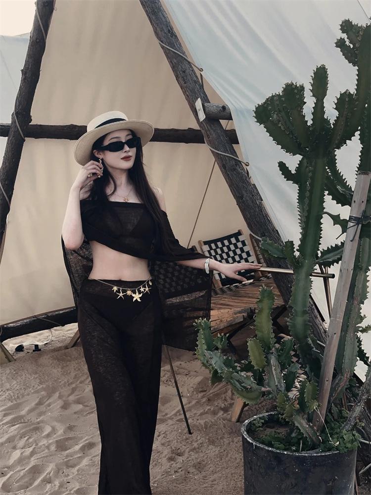 Melanoid Retro Coffee Split Bikini Set: 4-Piece Long Skirt Swimsuit with Flaw Covering, Slimming Fit & Sun Protection for Summer