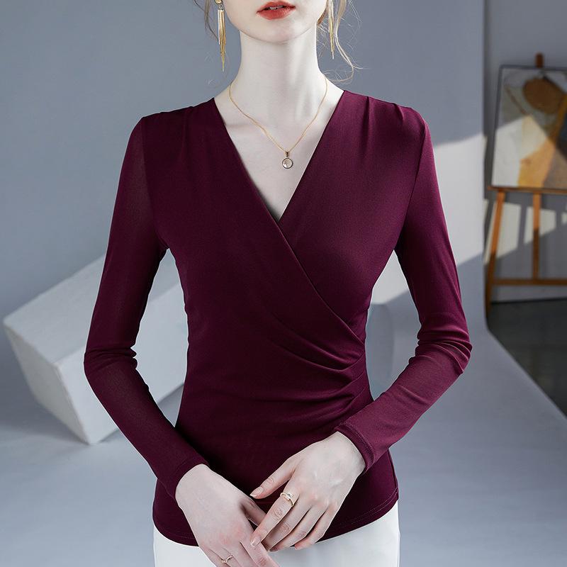 

Весна и осень 2025 г. Женский сетчатый топ с V-образным вырезом и складками 2XL бордовый