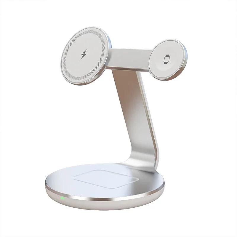 

Магнитная беспроводная зарядная подставка 3 в 1 Док-станция для быстрой зарядки для iPhone 16 15 14 13 Pro Max Apple Watch 8 7 Airpods Pro серебряный