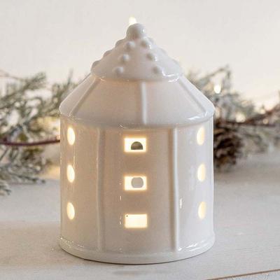 Ceramic Porcelain Lamp Ornament LED Button Batteries Christmas Atmosphere Lights Exquisite Warm Glow House-shaped Night Lamp