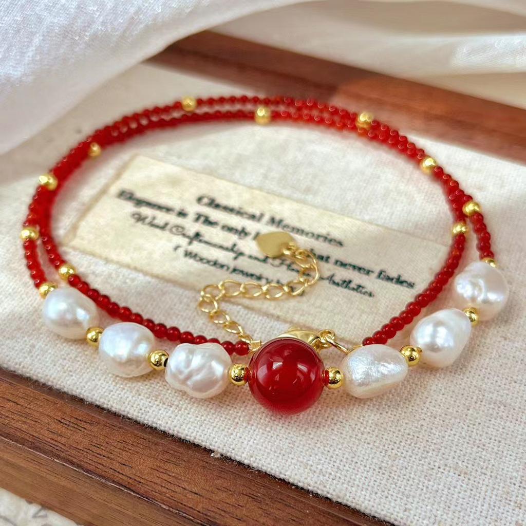Vintage New Year's Red Pigeon Blood Red Natural Chalcedony Agate Baroque Pearl Necklace Collarbone Chain