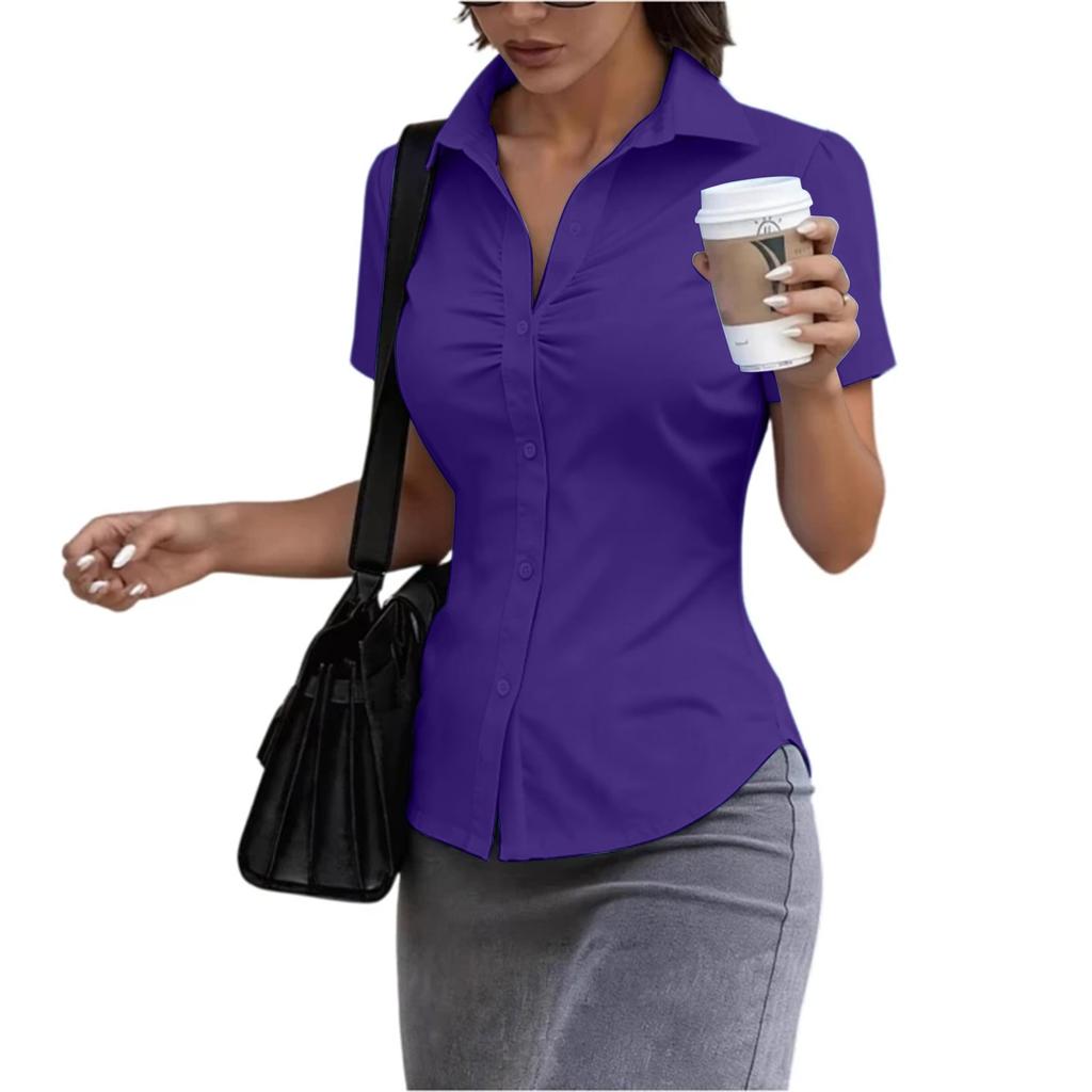 Women's Short Sleeve Button Down Shirt Slim Fit Collared Blouse Office Workwear Casual Top with Ruched Front Design