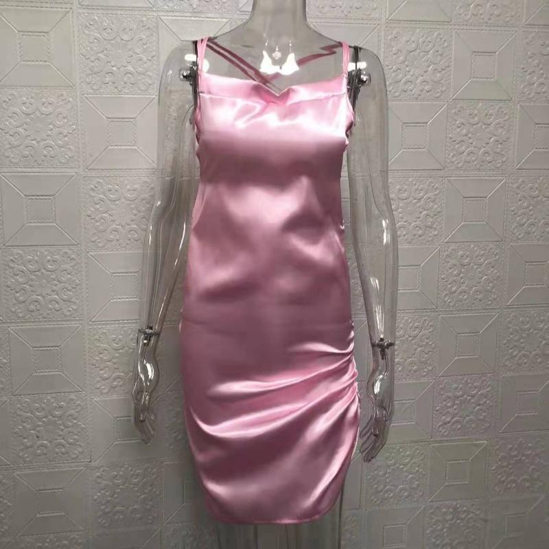 Summer New Fashion Slim Fit Sexy Straps Dress Women Backless Bandage Solid Satin Party Club Dresses Women Elegant Pleated Casual Lady Dress 26453