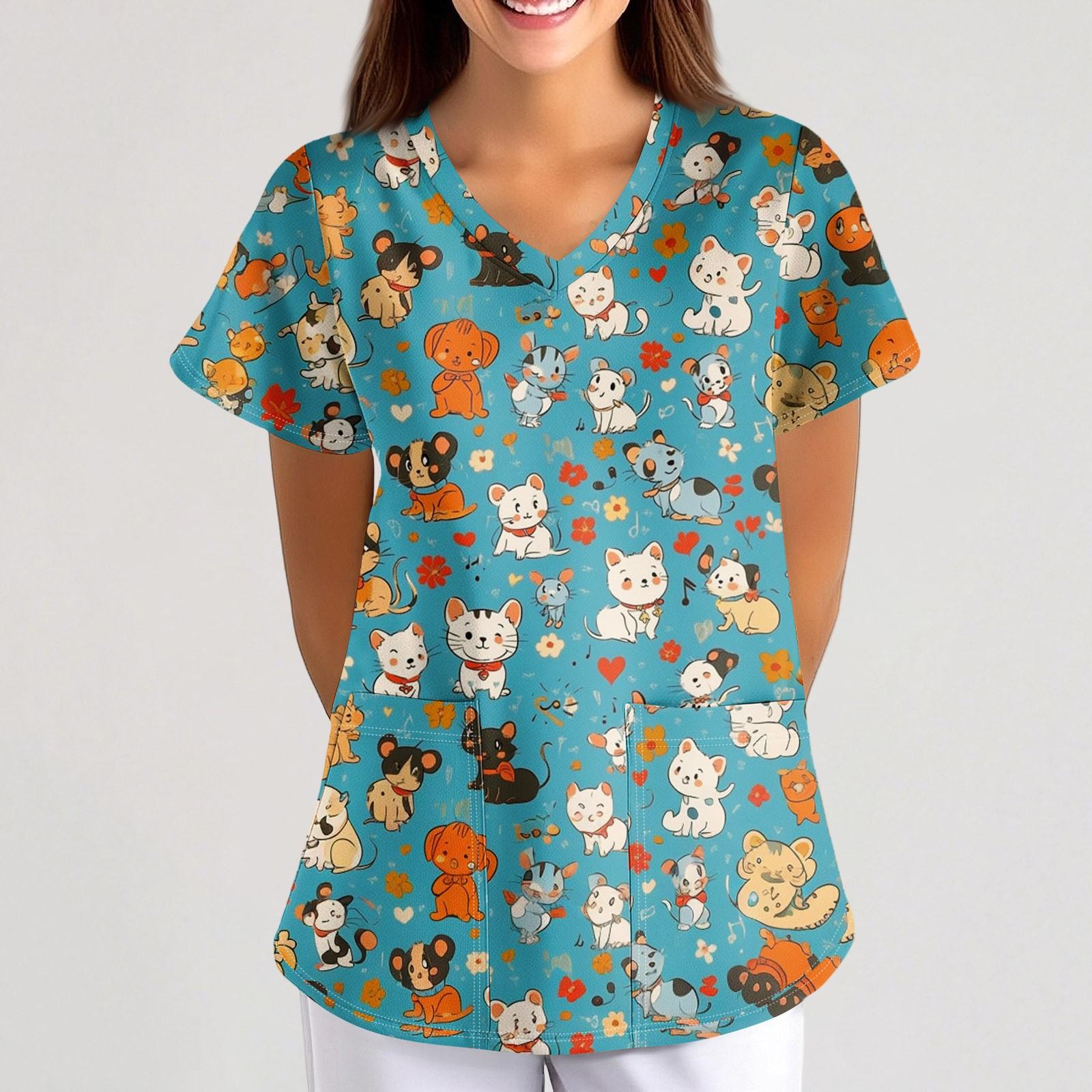 

Большие размеры, печатные рабочие униформы, топы для женщин, крестообразный V-образный вырез, принт на Хэллоуин, короткий рукав, забавные футболки, рабочая одежда, футболка с карманами XXXL