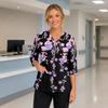 Women's Floral Print V Neck Medical Scrub Top with Pockets Side Slits Three Quarter Sleeve Nurse Uniform Shirt for Healthcare Professionals