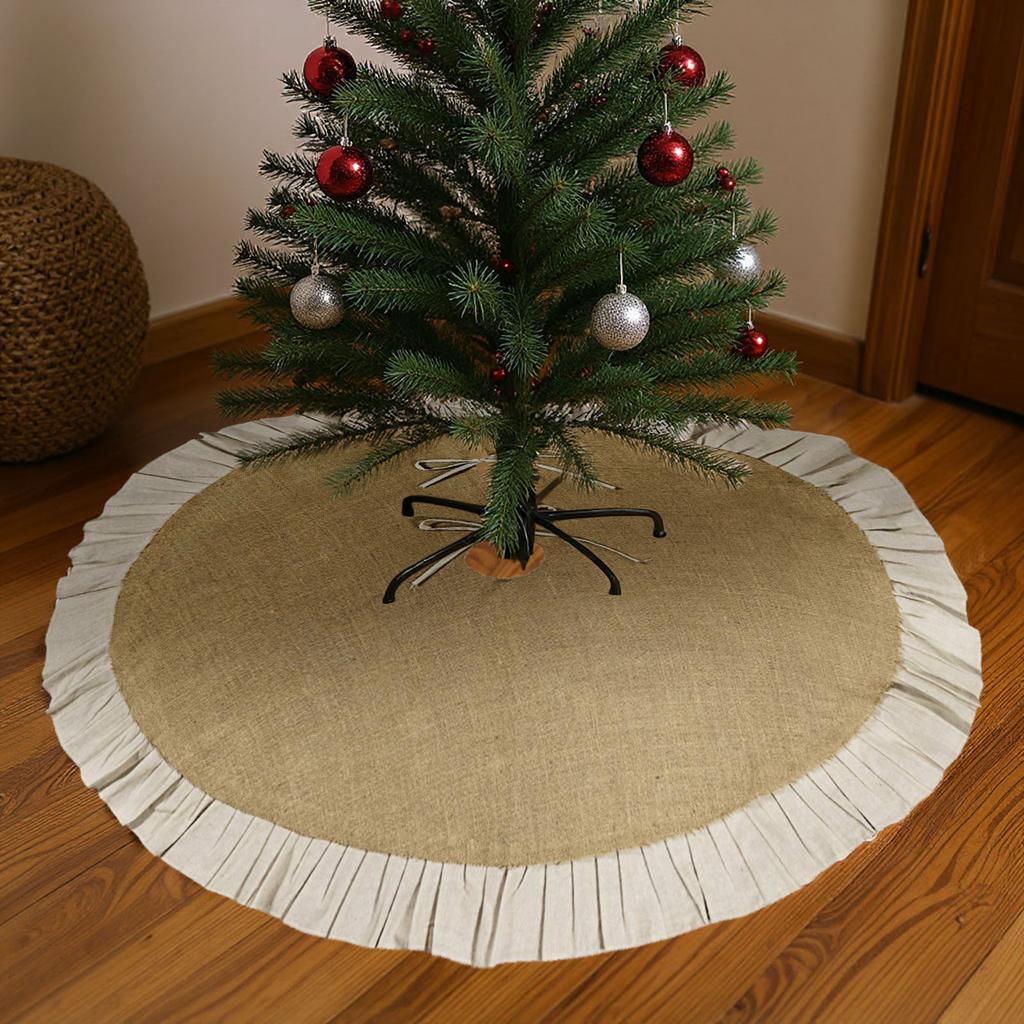 Christmas Tree Skirt, Natural Jute With Ruffle Edge, Rustic Xmas Holiday Decoration