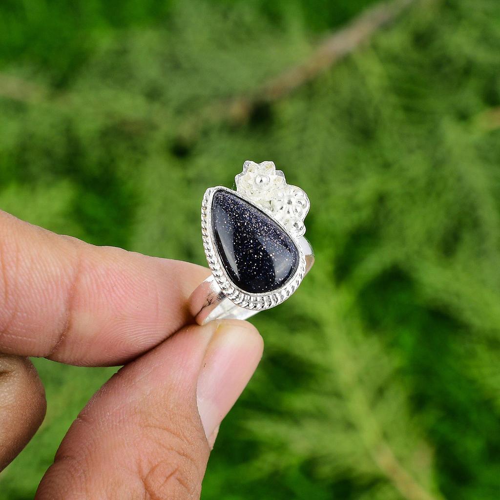 Pear Blue Sunstone Stone 925 Sterling Silver Wedding Flower Promise Ring Jewelry
