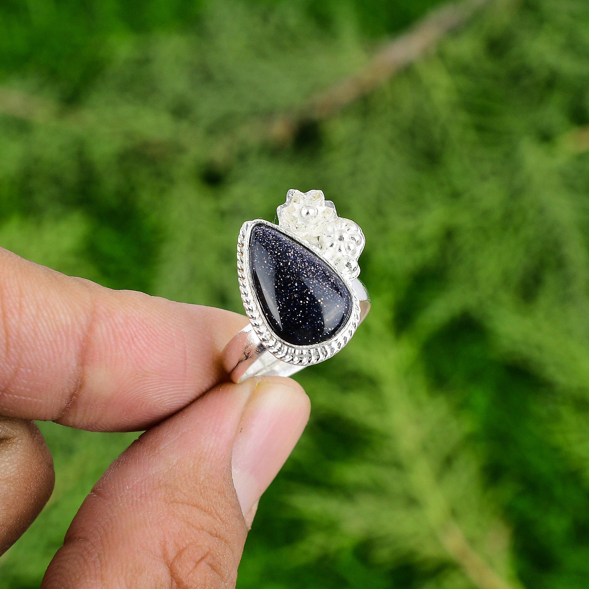 

Pear Blue Sunstone Stone 925 Sterling Silver Wedding Flower Promise Ring Jewelry Adjustable