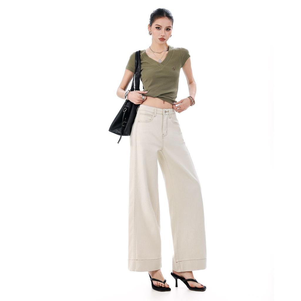 Spring Summer Off White High Waist Stretch Slim Relaxed Wide Leg Cropped Mom Style Nine Points Denim Pants Ladies Casual Pants Oversize Denim Trousers