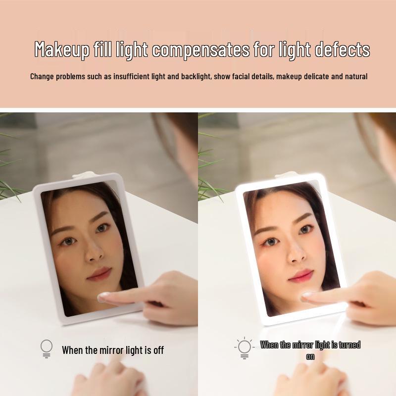 Peach LED Makeup Mirror with Intelligent Touch Dimming, HD Lighting, and Rechargeable Function.