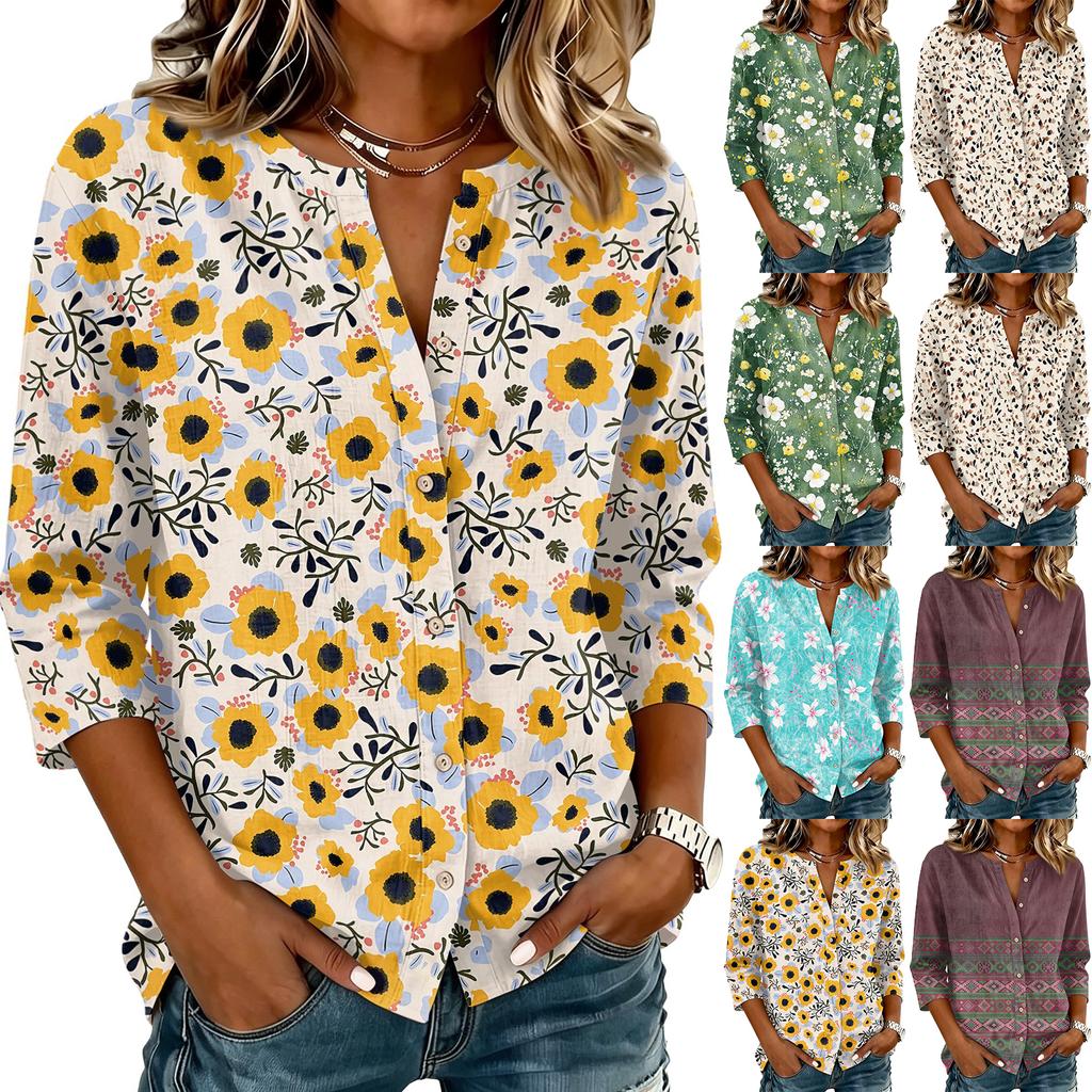 Women Floral Print Button Front Henley Shirt Three Quarter Sleeve Lightweight Linen Cotton Blend Blouse Casual Top