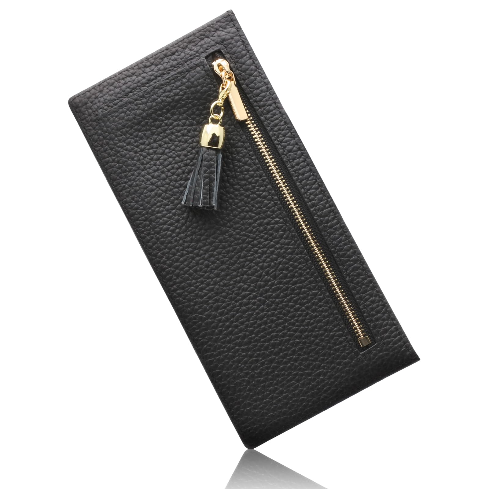 

KNUTe Genuine Leather Long Wallet, Thin, Women s (Black) - Slim, Lightweight, and Smart, with Tassel, Anti-Skimming, Card Slots, Bill Compartment,