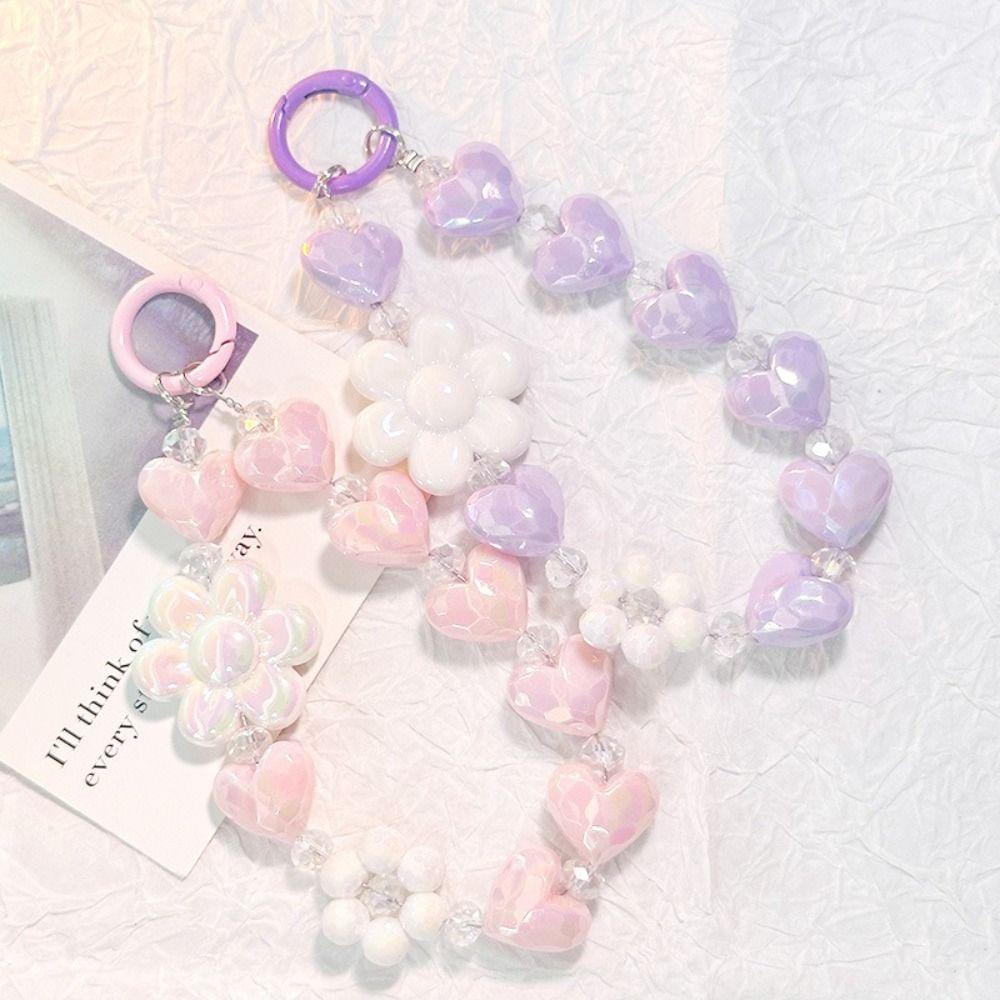 Heart Colorful Phone Lanyard Flower Keychain Crystal Phone Anti-lost Rope Colored Round Bead Cute Glitter Wrist Straps