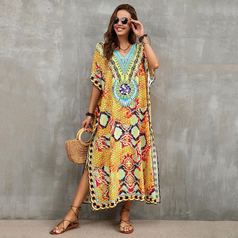 Indigo Floral Beach Robe: Loose Seaside Holiday Sunscreen Dress & Bikini Cover-up