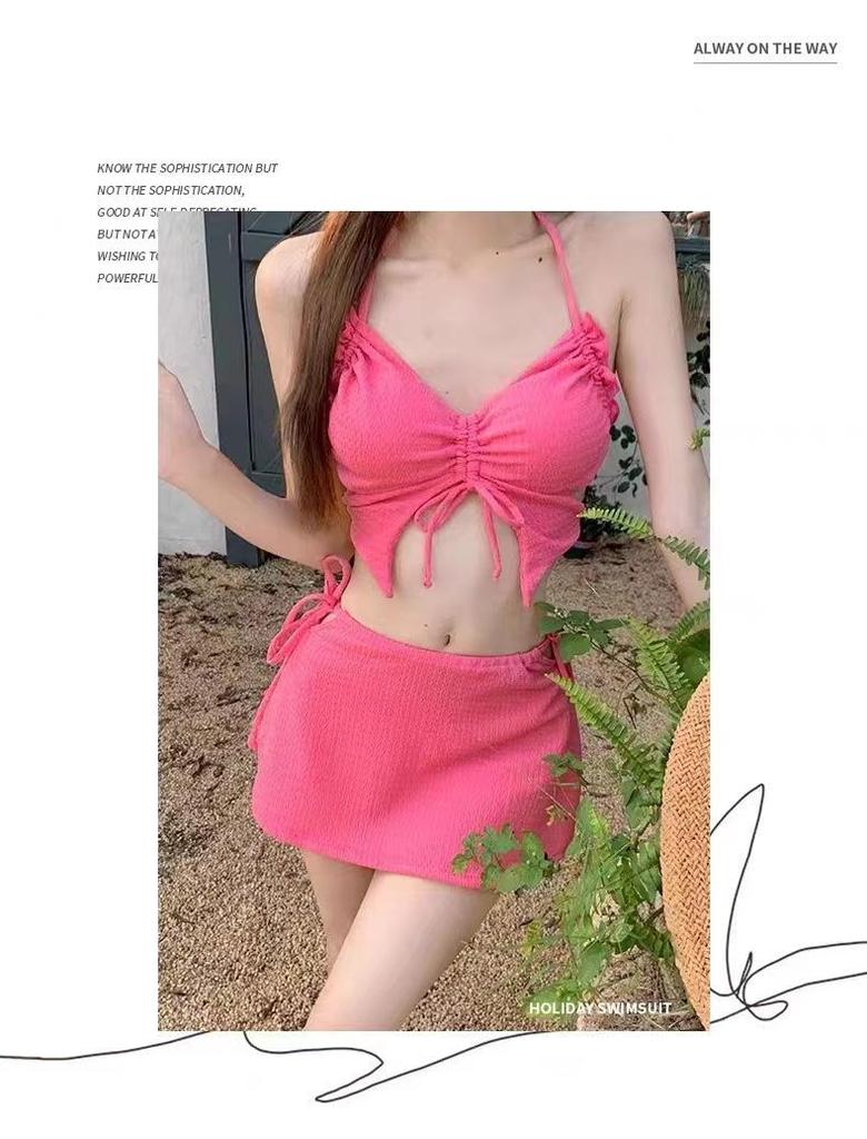 Sweet & Sexy Rose Red Women's Three-Piece Bikini - Influencer Style for Beach Vacations
