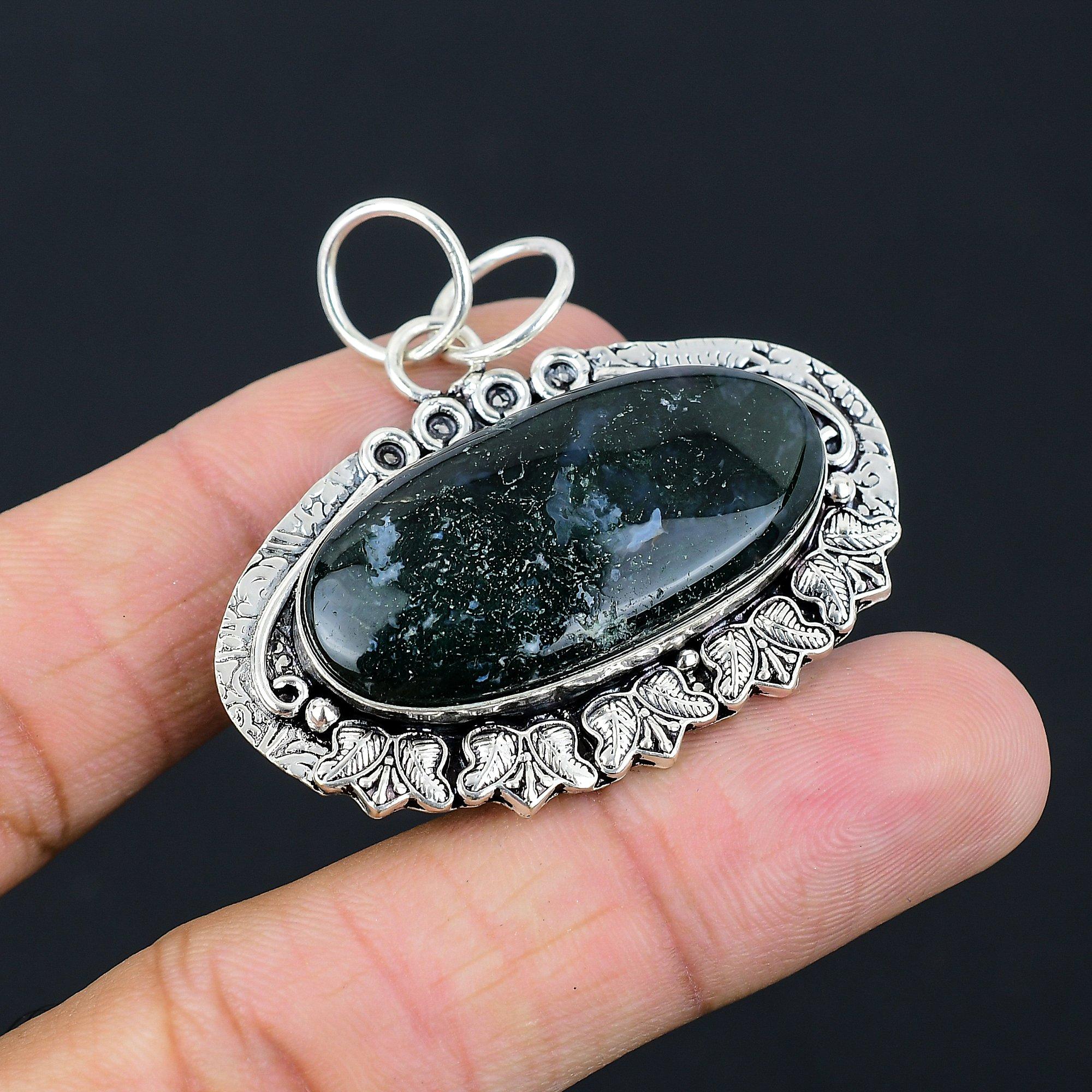 Sisters Day Sale Solar Moss Agate Gemstone Sterling Silver Engagement Pendant