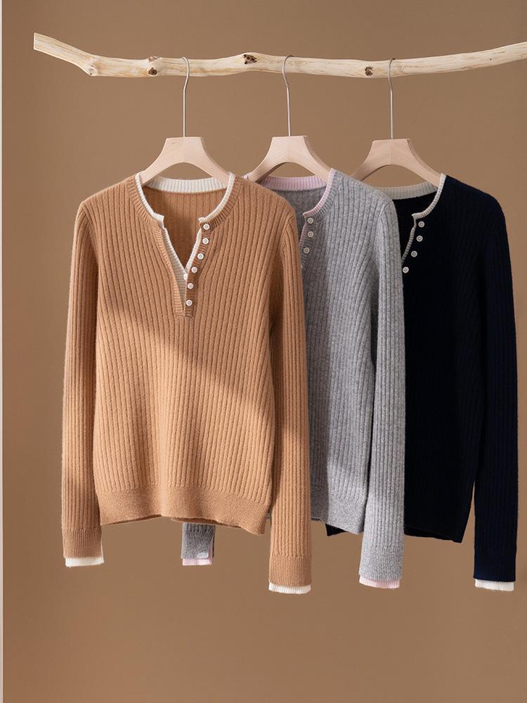 Women's 2026 Autumn/Winter V-Neck Faux Two-Piece 100% Pure Cashmere Sweater - Fashionable Button-Up Base Layer