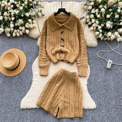 Autunno Inverno Donna Casual Maglia a Trecce Maglione Pantaloni Set Due Pezzi Risvolto Bottoni a Corno Cardigan Giacca e Pantaloncini a Vita Elastica Tuta