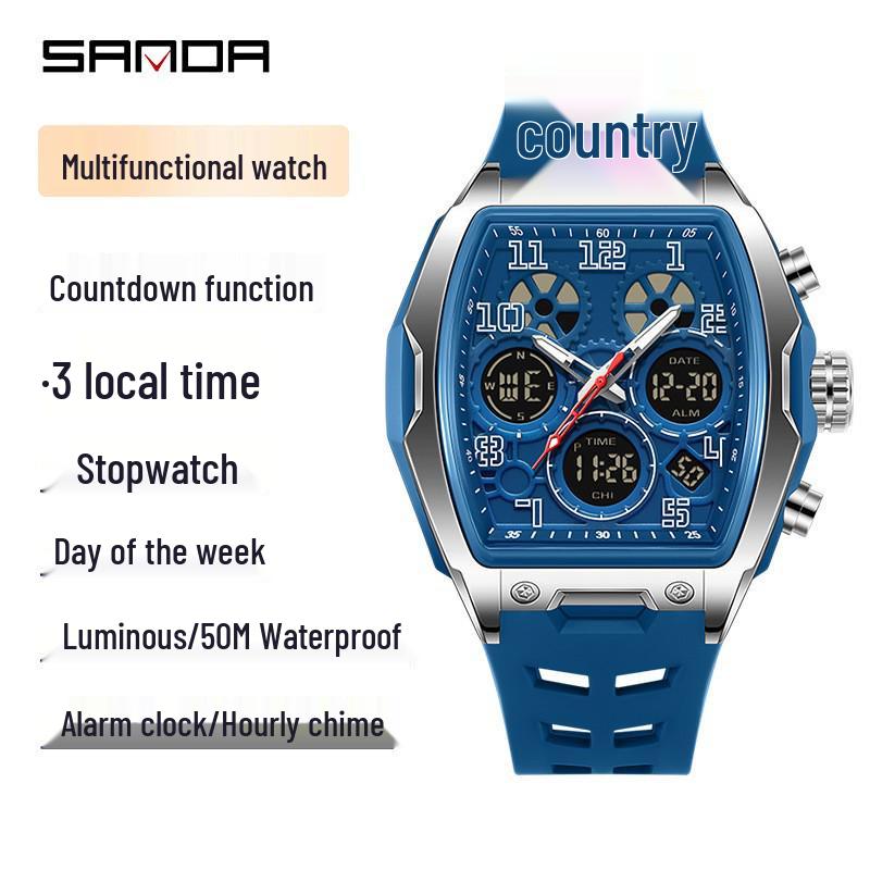 Sanda Dual-Movement Barrel Watch: Luminous Alarm, Large Dial, Multifunctional Student Watch.
