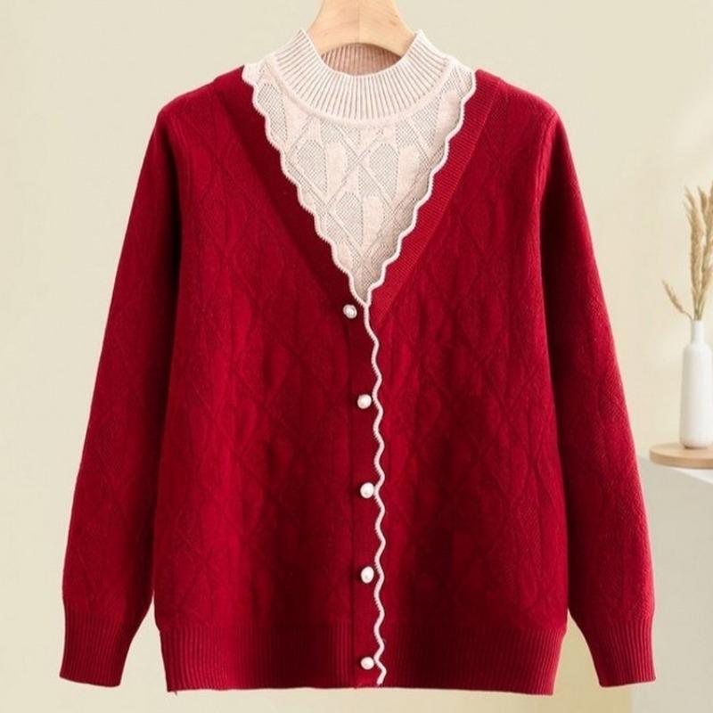 Chinese women's clothing new fake two-piece sweater top short knitted sweater mother autumn clothing middle-aged and elderly bottoming shirt