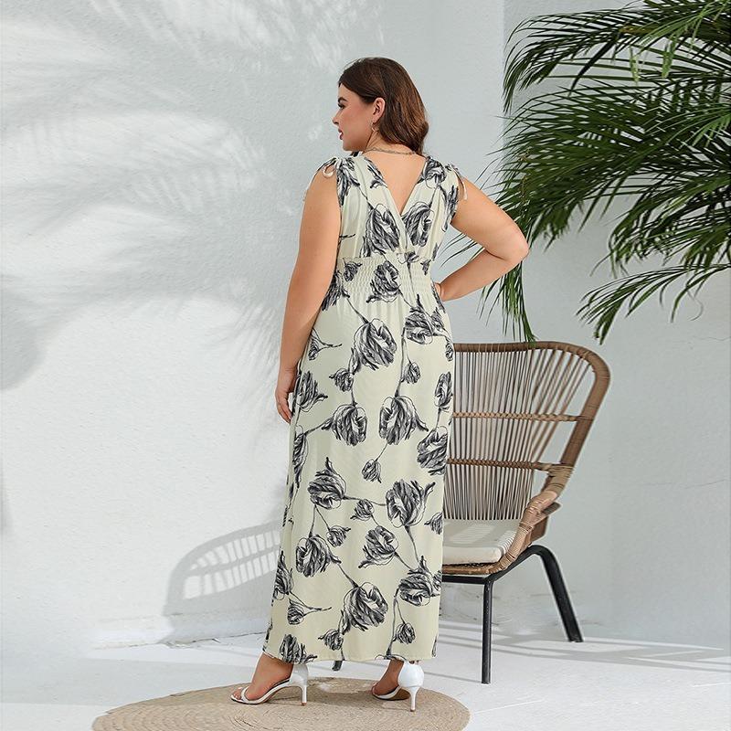 Vintage V-Neck Dress Sleeveless High Waist Dress for Women Summer Printed Dress Plus Size Tie Up Dress Loose Casual Versatile Dress Oversized Dress