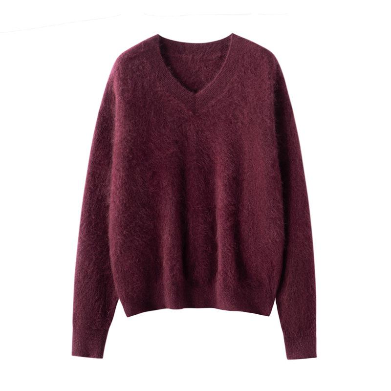 Versatile Cashmere Silk V-Neck Brushed Solid Color Loose Knit Pullover Sweater