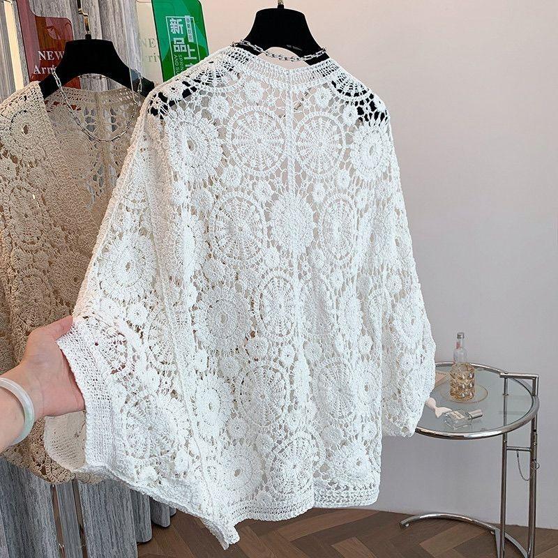 Bohemian Women's Crochet Hollow-out Knitted Cardigan Top Loose Batwing Short-sleeve Cardigan