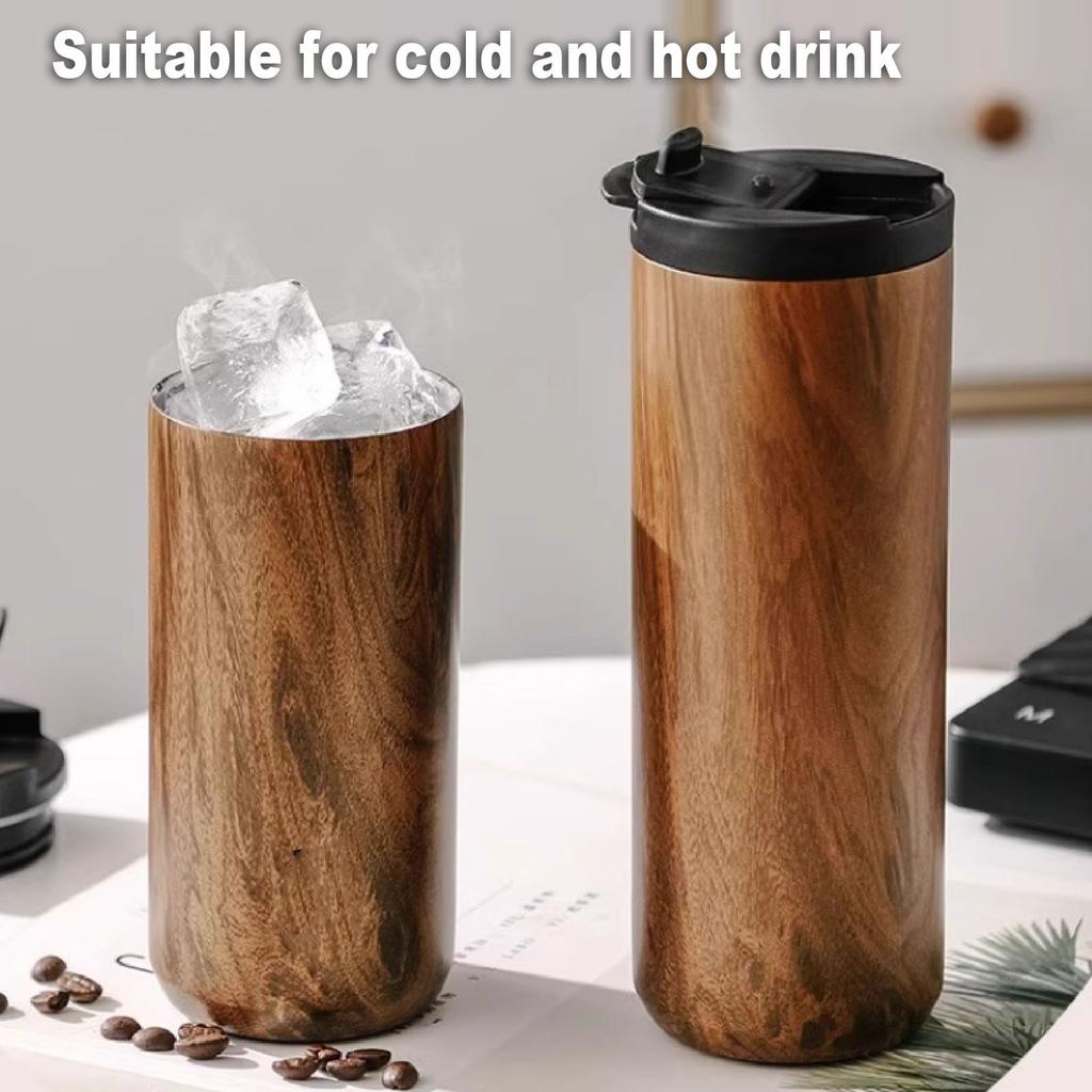Insulated Travel Mug with Lid 500ml Stainless Steel Wood Pattern Portable Multifunctional for Office School Outdoor