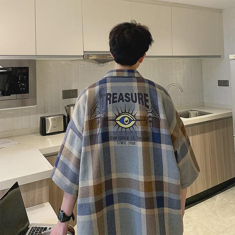 2024 Spring/Summer Plaid Short-Sleeve Loose Shirt for Male Students