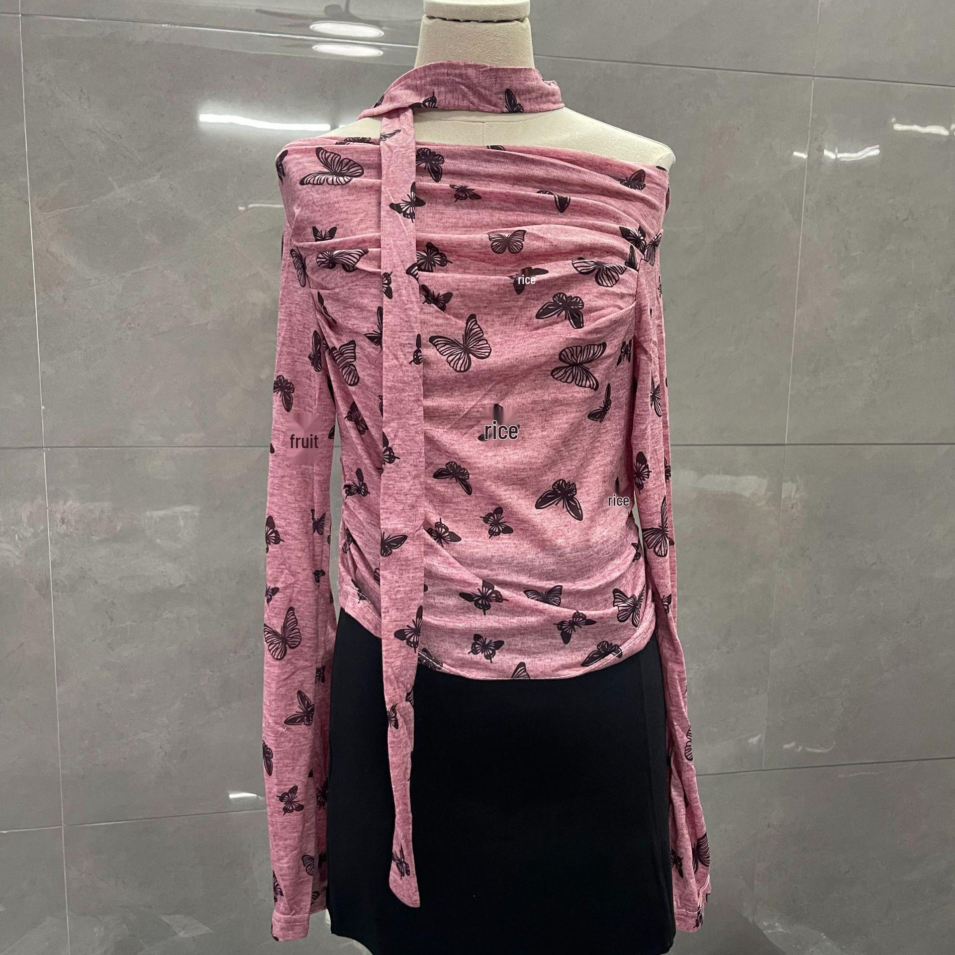 

Trendy Women s Slim-Fit Butterfly Print One-Shoulder Halterneck Pullover M (approx. 105 jin)