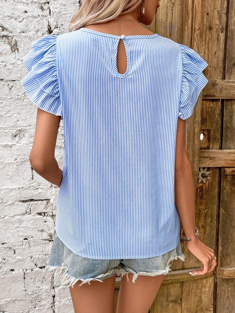 Women's Summer New Style Round Neck Striped Ruffles Sleeve Shirt Top