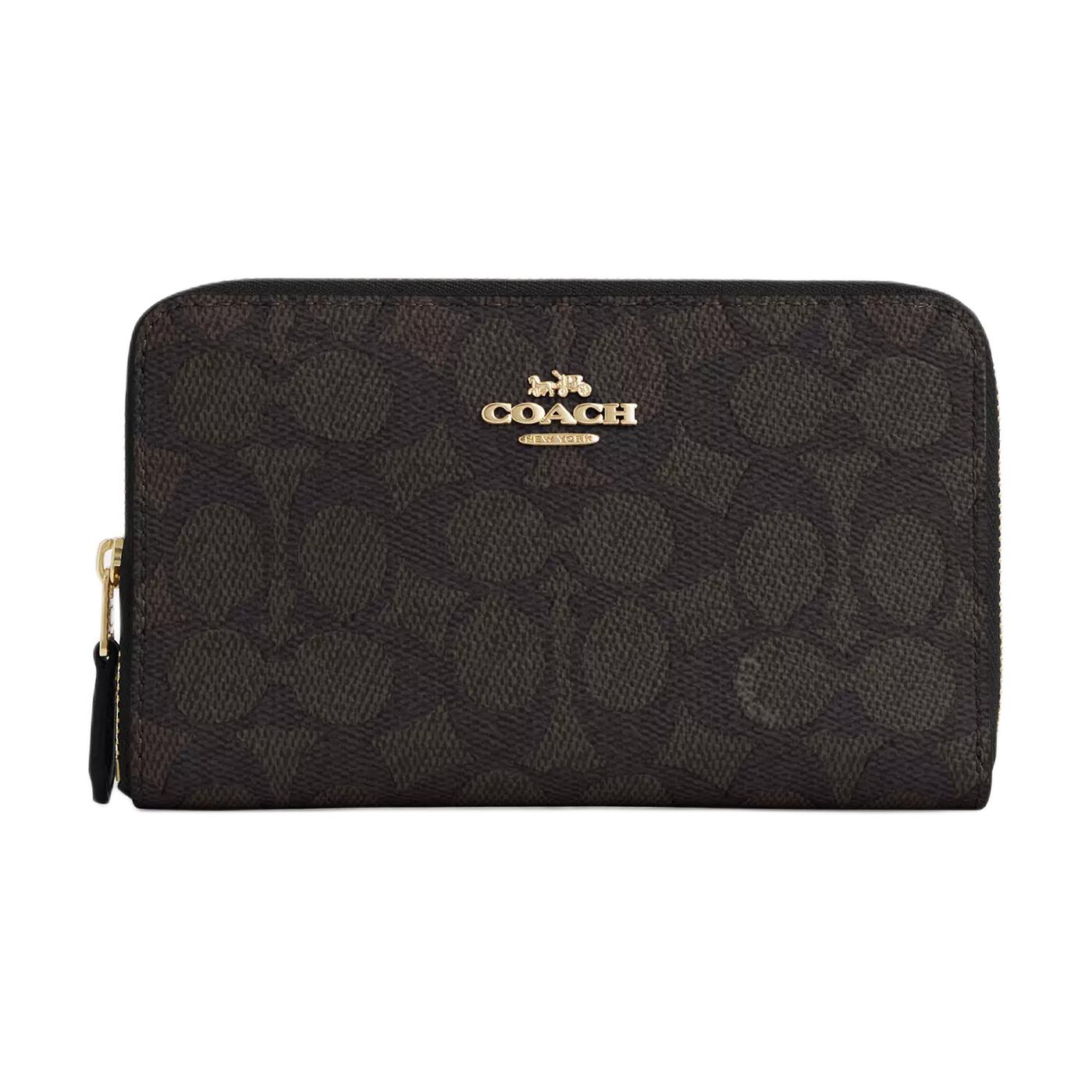Coach Signature Canvas 17 Gold Logo Zipper Wallet Women wallet Walnut Black CW781-IMXAQ Walnut & Black