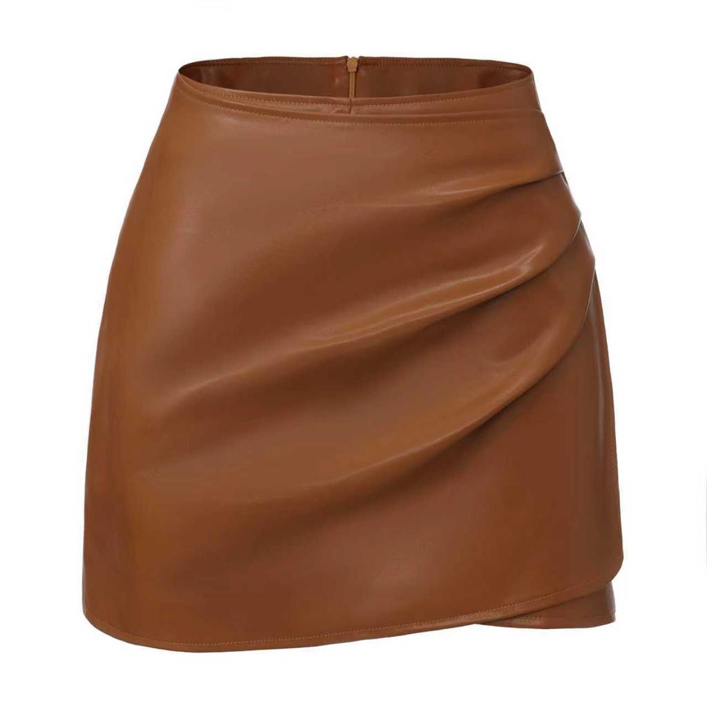 Women's Casual Ruched Faux Leather Mini Skirt High Waisted Asymmetrical Hem A-line Dressy Wrap Skort Shorts for Women Fall Casual Work PU Short Skirts