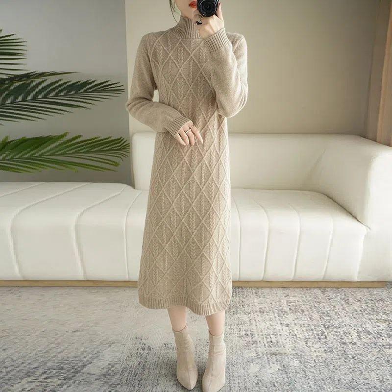 Half Turtleneck Sweater Dress for Women In Autumn and Winter Knee-length Sweater Long Dress Solid-colored Pullover Warm High-neck Knitted Dress