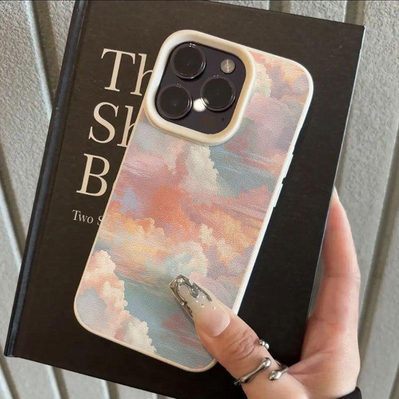 Creative Colorful Cloud Print Lychee Texture Phone Case, Suitable for iPhone 17, 16, 15, Plus, Pro, Max Series Phones—Can Be Used as a Gift