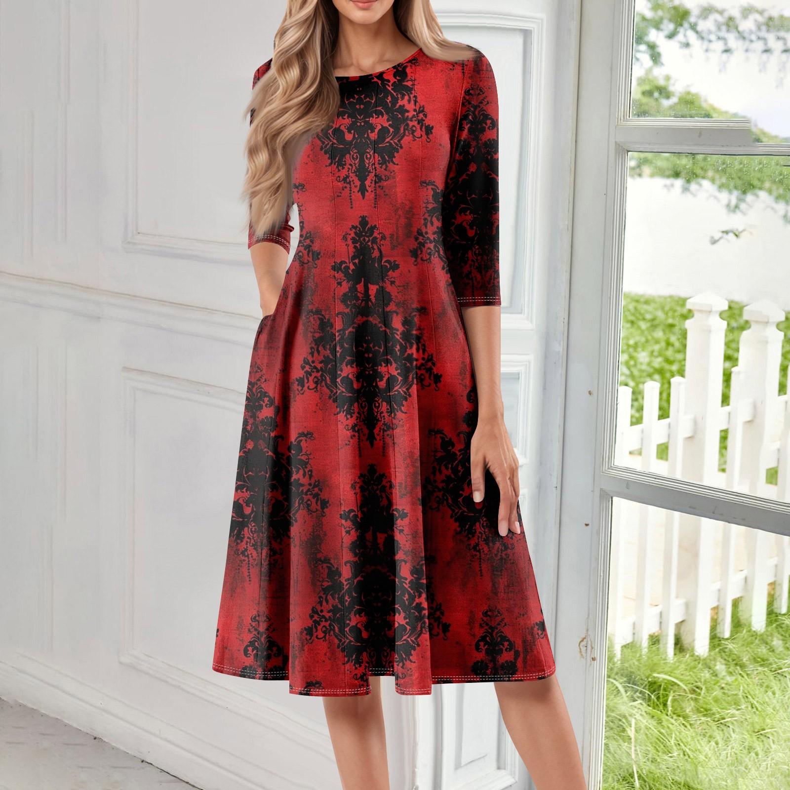 

Women s Casual Fashion Round Neck Three Quarter Sleeve Halloween Print Midi Dress S