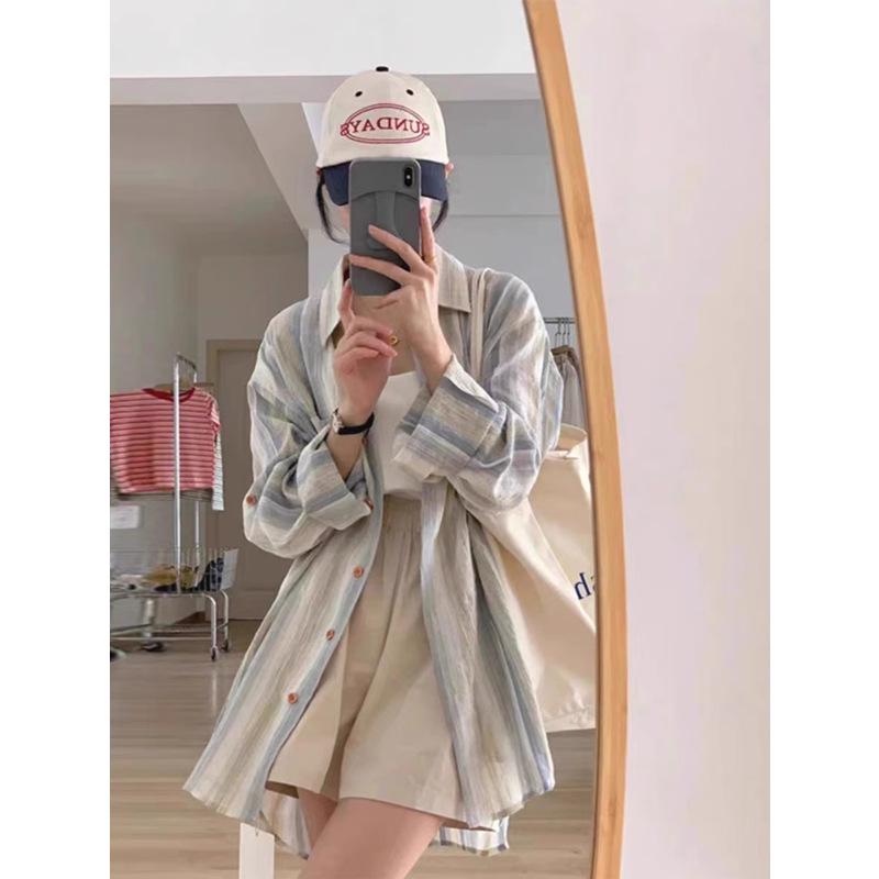 Plus Size Striped Long Sleeve Retro Shirt & Sunscreen Jacket for Women