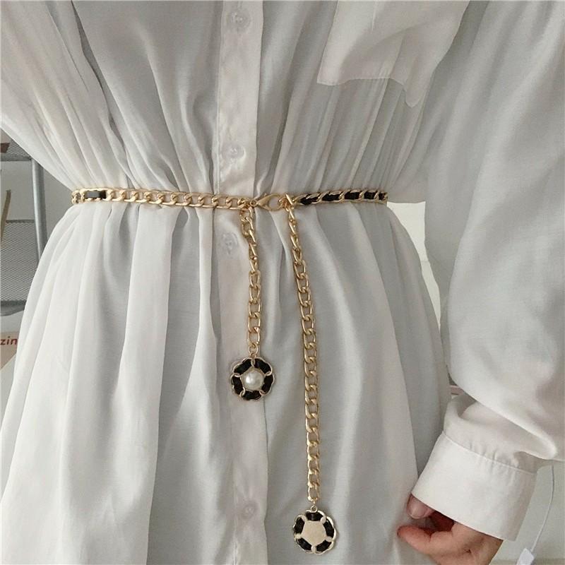 French Small Fragrance Style Waist Chain Women's Accessories Metal Retro Black and White Camellia Fashionable Thin Waist Chain Belt