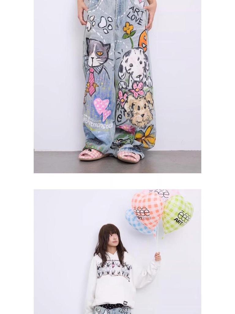 Men's Spring Retro Graffiti Print Wide-Leg Jeans: Casual, Cool, Loose-Fit